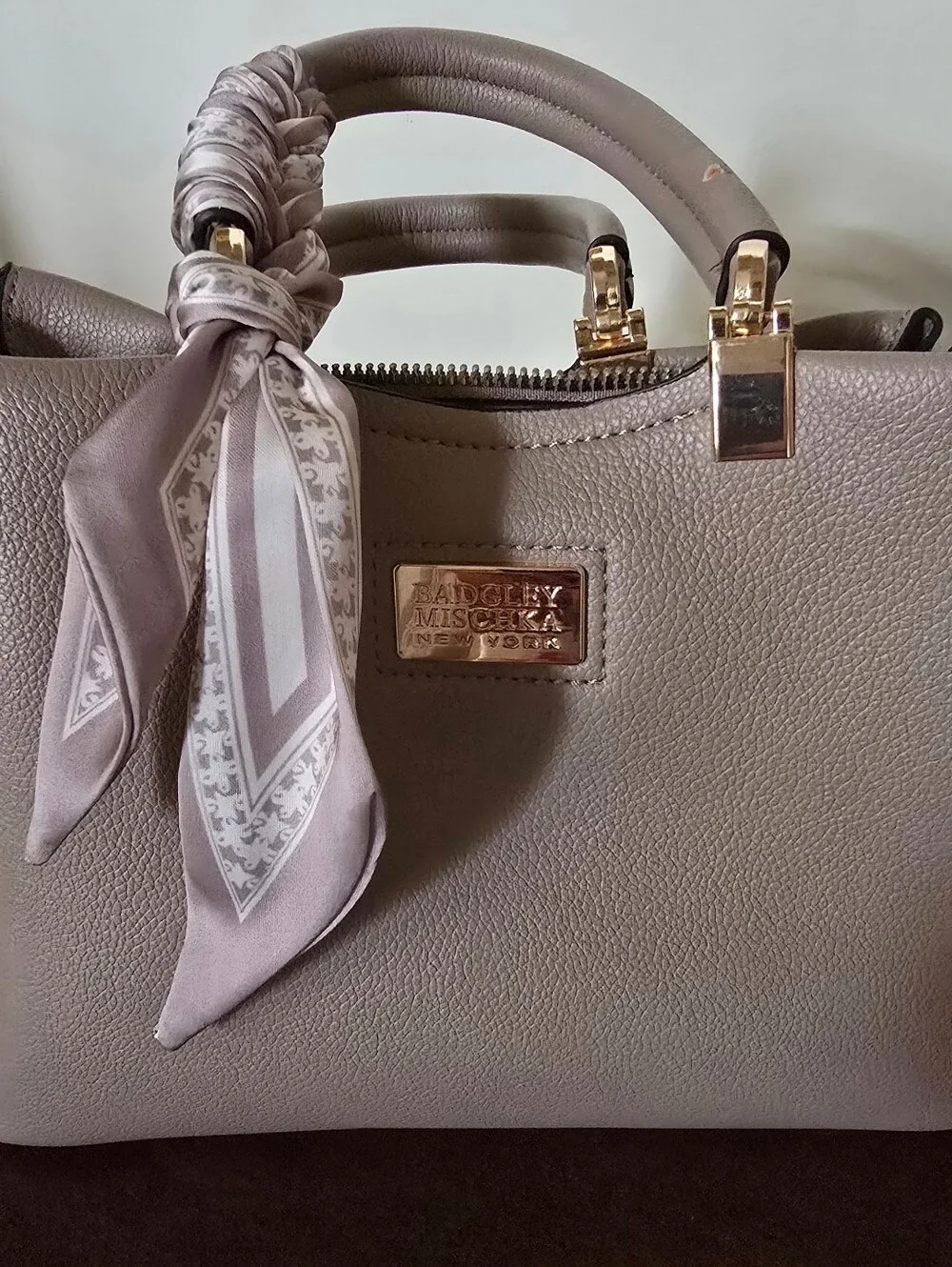 Badgley Mischka Taupe Leather Top-Handle Satchel with Scarf Accent